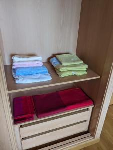 a closet with folded towels on a shelf at NUEVO apartamento en Boñar in Boñar