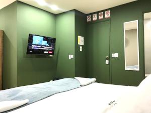 a bedroom with green walls with a bed and a flat screen tv at Poblado Park Guest House in Medellín