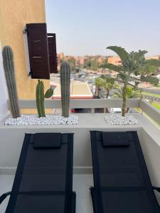 un balcón con 2 cactus y 2 plantas en Appartement dans triangle d’or en Marrakech