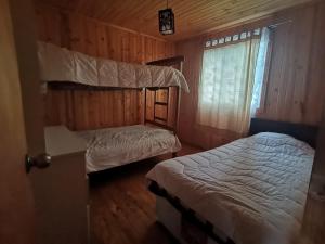 - une chambre avec 2 lits et une fenêtre dans l'établissement Cabañas EcoSur - Chile, à Curacautín
