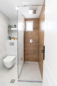 a bathroom with a shower and a toilet at Your Destination in Lixouri