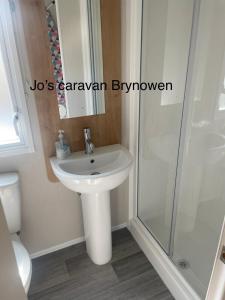 a bathroom with a white sink and a shower at Caravan by the beach in Borth