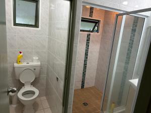 ラロトンガ島にあるRaina Holiday Accommodationのバスルーム(トイレ、ガラス張りのシャワーブース付)