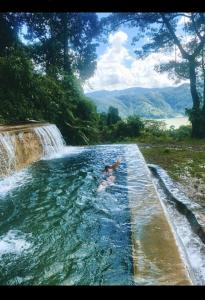 a person swimming in a pool next to a waterfall at Into The Wild Pokhara in Kāskī
