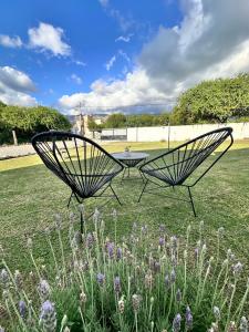 dos sillas metálicas en un campo con flores en Villa Bonita Cabañas en Merlo