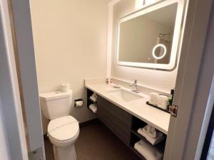 uma casa de banho com um WC e um lavatório com um espelho. em Kiteville Cedar Rapids em Cedar Rapids