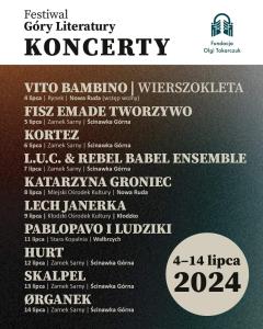 a flyer for a concert with white fonts at Pod Małą Sową in Walim