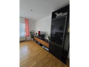 una sala de estar con un gran centro de entretenimiento negro en Heidel Comfortable holiday residence, en Solingen