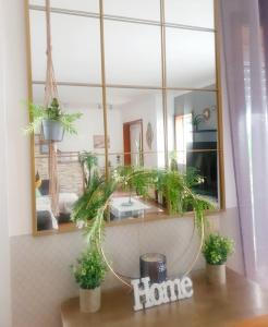 a bathroom with a mirror and plants on a counter at Grace House in Belinho