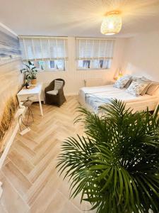1 dormitorio con cama, mesa y planta en visit baltic - Villa Blue Marine en Świnoujście