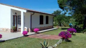 une petite maison avec des fleurs roses dans la cour dans l'établissement B&B Le Vele Teulada, à Teulada