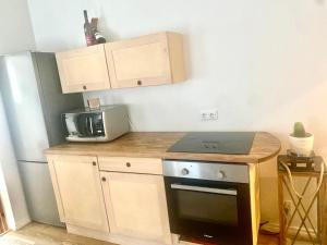 a kitchen with a counter and a stove and a refrigerator at Mariella Apartment Tartu in Tartu