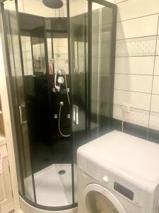 a bathroom with a washing machine in a room at Mariella Apartment Tartu in Tartu