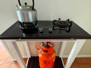 a stove with a pot and a tea kettle on it at Moments B&B Guesthouse, Kleinmond in Kleinmond