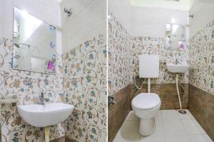 Duas fotografias de uma casa de banho com WC e lavatório. em FabHotel Naresh Palace em Raipur