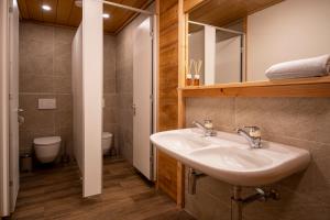 La salle de bains est pourvue d'un lavabo et de toilettes. dans l'établissement La Bergère, à Ayer