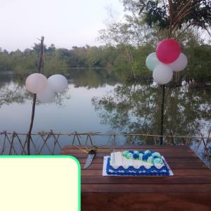 una torta di compleanno seduta su un tavolo vicino a un lago di Sigiri Wild Lake Dambulla a Dambulla