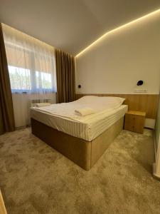 ein großes Bett in einem Zimmer mit Fenster in der Unterkunft Carivka Hotel in Tsarivka