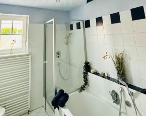 a bathroom with a shower and a bath tub at Atelier Farbenreich No 8 in Eching +36 photos
