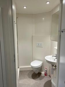 a white bathroom with a toilet and a sink at Cosy Private Ensuites and Studios in the heart of Cheltenham in Cheltenham