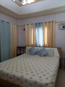 ein Schlafzimmer mit einem großen Bett mit blauen Kissen in der Unterkunft Hill View Home Stay in Panglao