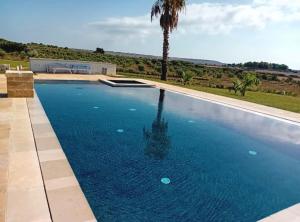 una piscina con una palmera y un edificio en Agriturismo Casa del Peperoncino, en Otranto