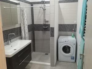 a bathroom with a washing machine and a sink at un site calme et unique au Montenegro Loue des logements les pieds dans l eau avec plage privée en face de l ile Saint Marco in Tivat +70 photos