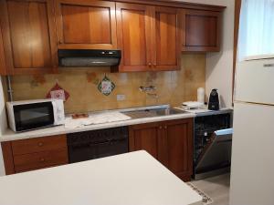 a kitchen with wooden cabinets and a sink and a microwave at Le Camelie, Natura e Relax in Bordano