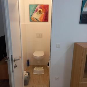 メルビッシュ・アム・ゼーにあるFerienhaus in historischer Hofgasseのバスルーム(トイレ付)が備わります。壁に絵画が飾られています。 +18枚の写真
