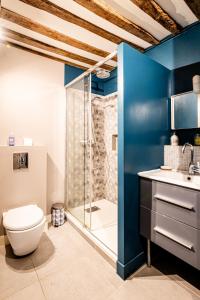 La salle de bains est pourvue d'une douche et de toilettes. dans l'établissement Cosy loft - plein centre d'Honfleur, à Honfleur