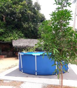 a large blue tub sitting next to a tree at Elena Garden Resort and Restaurant in Trincomalee