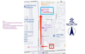a screenshot of a map with a red arrow at East Sacred Hotel-easy to findᴮᵉⁱʲⁱⁿᵍᒼᵉⁿᵗᵉʳ丨Near Tiananmen Forbidden City丨close to Metro Zhangzizhong And Beixinqiao丨 Free laundry service coffee drinks mineral water and snacks丨English language Tourism ticket service small change in Beijing