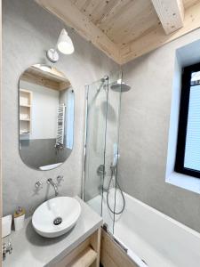 a bathroom with a sink and a shower and a mirror at Studio dla 2 osób Tatra-Dream in Zakopane