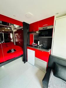 カップ・ダグドにあるAphrodiX Village naturisteの赤いキッチン(赤いベッド1台、シンク付)