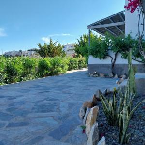 a stone walkway next to a building with plants at Galini Rooms & Apartments in Finikas