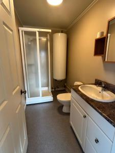 a bathroom with a toilet and a sink at Fisk Club Cottages Flateyri - Sailor's House in Flateyri