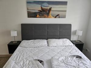 a bedroom with a bed with two lamps and a picture on the wall at Ostseefalter 1 in Graal-Müritz +16 photos