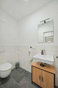 ein weißes Bad mit einem Waschbecken und einem WC in der Unterkunft Salí Homes R4 - hochwertiges Apartment mit Terrasse in Bayreuth