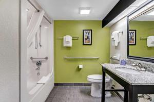 a bathroom with green walls and a toilet and a sink at Sleep Inn near I-80 and I-94 in Lansing +26 photos