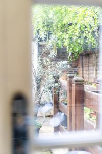 un pájaro está de pie en un jardín detrás de una valla en Islington Hideout en Londres