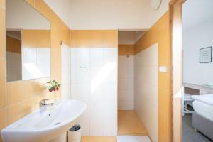 un bagno con lavandino e doccia di Hotel u Budvaru a České Budějovice