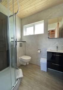 a bathroom with a shower and a toilet and a sink at Eldhraun Holiday Home in Kirkjubæjarklaustur