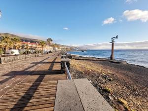 un paseo marítimo en la playa con el océano y palmeras en Apartamento LiLi Beach en Candelaria