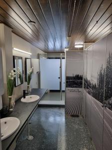 uma casa de banho com 2 lavatórios e uma grande porta de vidro em Outdoor Hostel Laajis em Jyväskylä