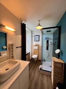 a bathroom with a shower and a sink and a toilet at Appart'hotel Maison Saint Michel in Paimpol +150 photos