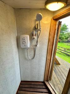 a shower in the corner of a room at Old Shep's Shepherds Hut 