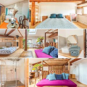 un collage di foto di una camera da letto e di una casa di Le Loft, chambre triple - Gîte de la Louve a Fougax-et-Barrineuf