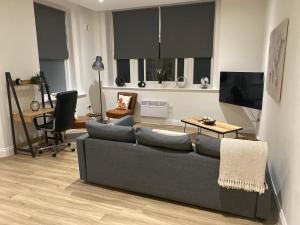 ein Wohnzimmer mit einem grauen Sofa und einem TV in der Unterkunft Flat 2 ,559 Wimborne Road in Bournemouth