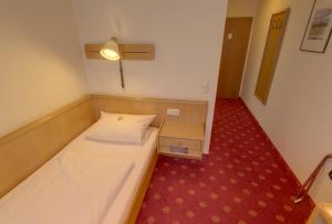 a small room with two beds and a red carpet at Hotel Garni Stadt Friedberg in Friedberg