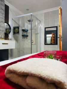a bathroom with a shower and a red blanket at Executive Galaxy Guest House Nkowankowa 